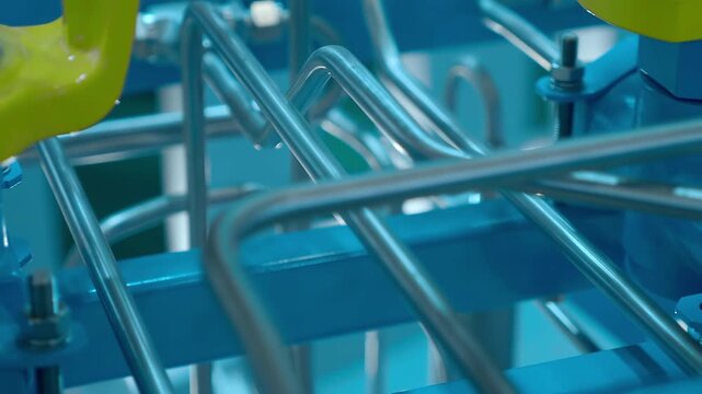 Stainless steel pipes ensure the operation of industrial equipment. Closeup. Shot in motion 