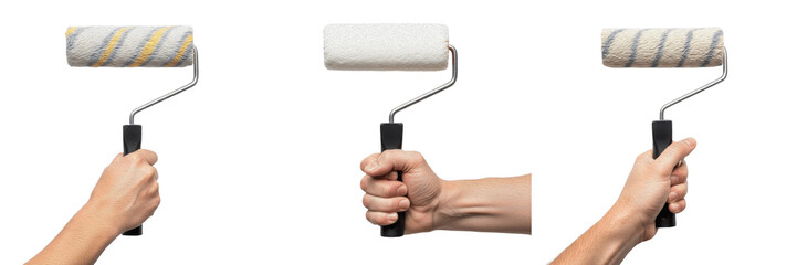 Fototapeta premium Set of three hands holding different paint rollers, professional decorator tools for wall painting isolated on white background