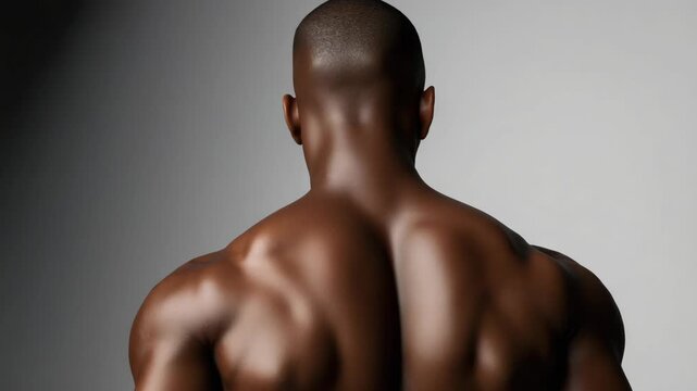 Athletic muscular male back and shoulder musculature, smooth dark skin, shirtless confident profile