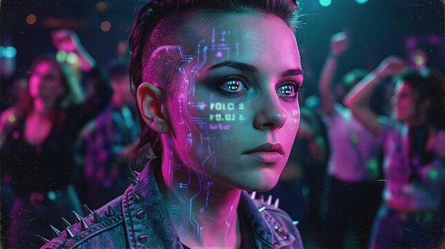 Woman under mind control with digital circuit projection on face in nightclub. Cybernetic hypnosis concept. Human brainwashed by artificial intelligence in futuristic neon synthwave style.