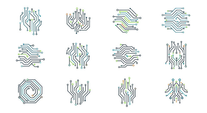 Set of abstract electronic circuit board patterns and designs.