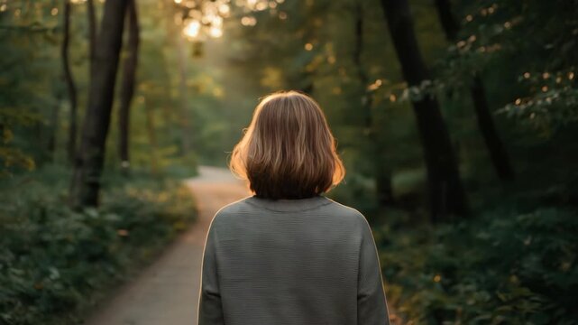 Young woman walking along forest path at golden hour back view serene mood soft sunlight