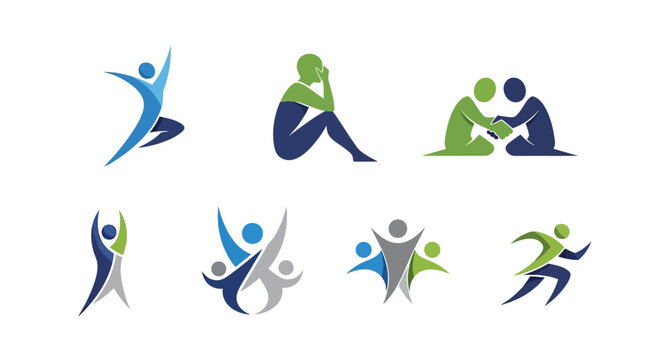 Set of abstract human figures in various poses and colors.