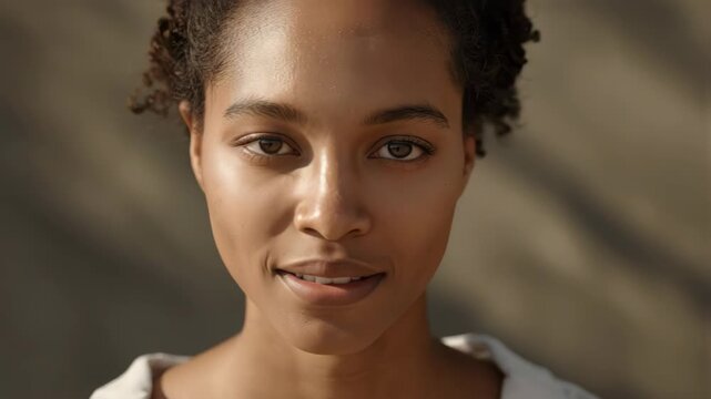 Young woman portrait smile natural hair profile warm light serene natural smile soft sunlight face