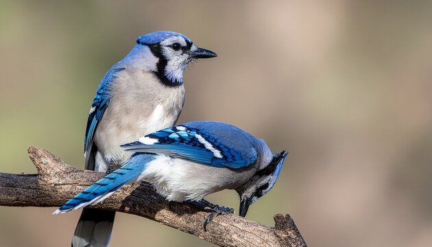 Pair of Blue Jays Perched on Branch