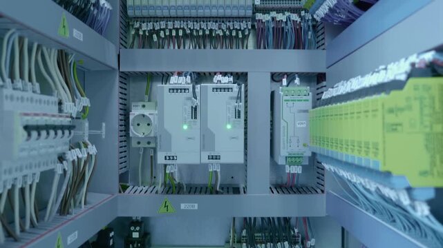 Rows of numbered white terminals with multi-colored wires and other electronic components and flashing LEDs in an electrical panel. Closeup. Shot in motion