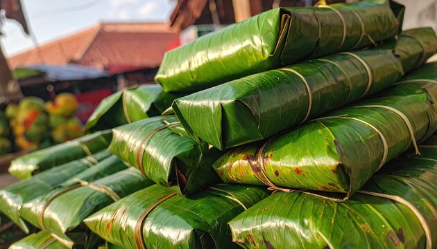 A pile of neatly wrapped food parcels made from fresh green banana leaves