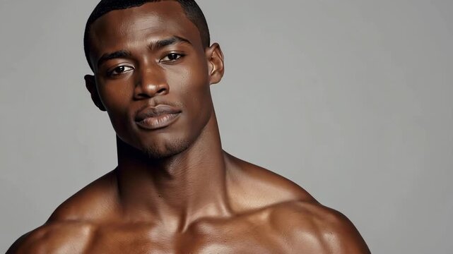 Handsome strong male model portrait shirtless confident smooth skin studio lighting athletic young