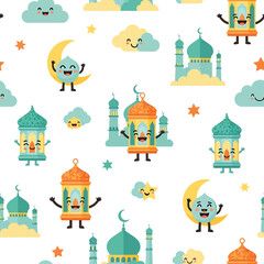 Naklejka premium Cute Cartoon Mosque Characters and Night Sky Elements Pattern.