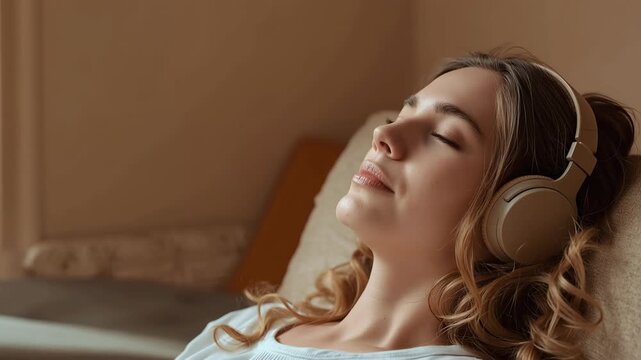 Young woman relaxing with headphones smiling closed eyes enjoying music relaxation warm indoor light