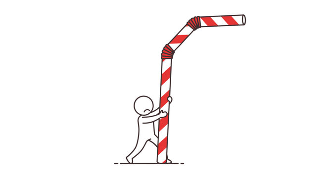 Determined stick figure supporting a giant striped drinking straw showing resilience