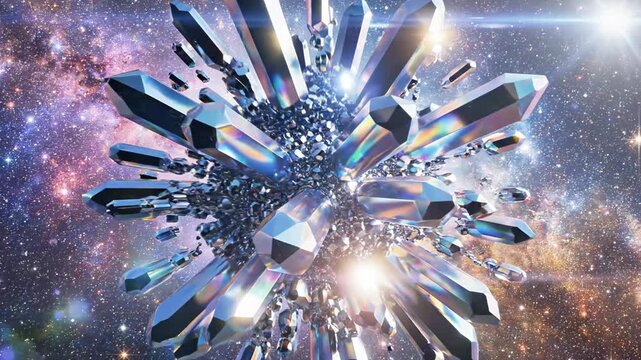 A metallic object resembling a virus or a piece of technology floats in a vibrant galaxy background