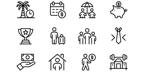 A collection of twelve simple black and white line icons representing various life and work themes © Nikhil Ray