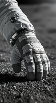 Heavily textured spacesuit glove gently touches granular extraterrestrial surface material