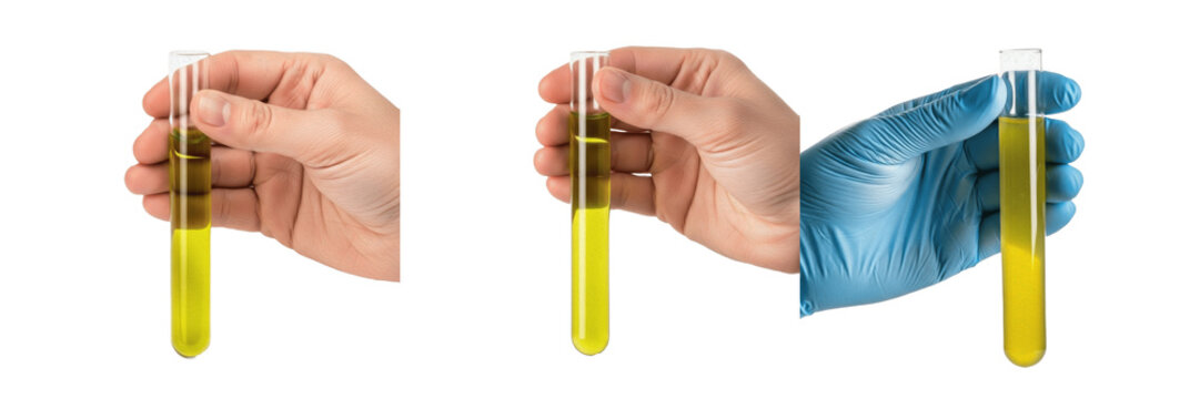 Gastric Juice Sample in Test Tube held by hand, Stomach Acid, Succus Gastricus, Gastroenterology Research, Digestion Analysis, Clinical Lab, Medical Science, Healthcare Photography.