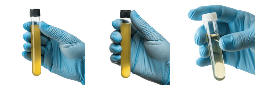 Peritoneal Fluid Sample in Test Tube held by hand, Ascitic Fluid, Liquor Peritonei, Abdominal Research, Clinical Lab Diagnostic, Medical Science, Healthcare Photography.