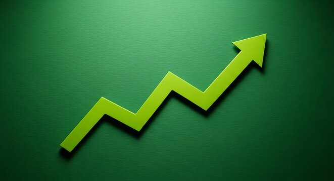 Lime green upward arrow symbol points to the top right corner on a dark textured emerald green surface for financial growth and success concept