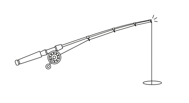 Minimalist line art illustration of a fishing rod with reel and taut line suggesting outdoor
