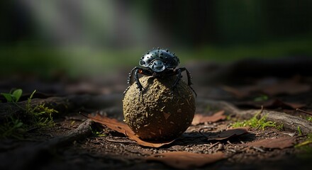 Obraz premium Dark shelled insect balances upon a compact sphere of earth on a forest floor.