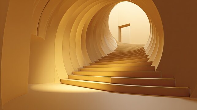 Intricate Spiral Staircase Leading to a Door with Soft Lighting and Warm Tones in an Abstract Environment