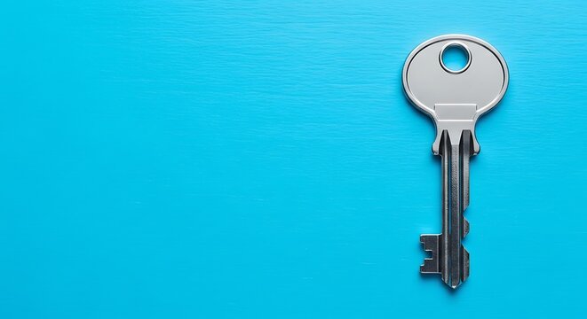 Silver metal house key lies vertically on a solid cyan blue background with plenty of empty space for copy and secure property access concepts today