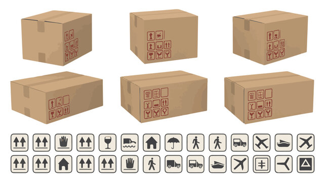 Six brown cardboard boxes with shipping symbols and icons packaging logistics