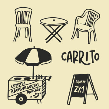 Panchos, hambuerguesas, lomitios, carrito con sillas y mesas de pl&aacute;stico. Plantilla de doodles icono