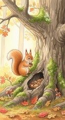 Fototapeta premium Charming illustration depicts a small woodland animal gathering provisions near a large tree trunk