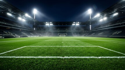 Fototapeta premium Wide view of illuminated empty green soccer field in large modern stadium