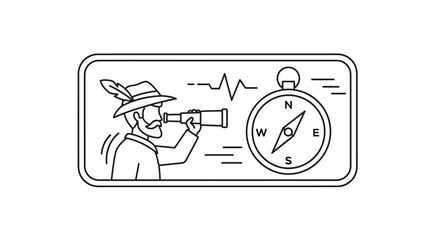 Obraz premium Line art illustration of a bearded man in a feathered hat with a spyglass and a compass,