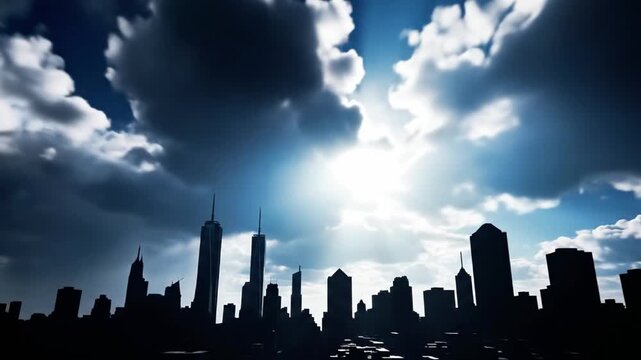 A city skyline silhouette with sun rays piercing through dark clouds
