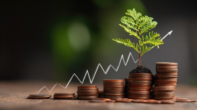 Growth of Financial Investment with Coins and Plant Symbolizing Prosperity and Wealth Management Strategies