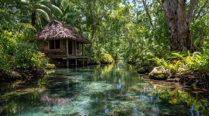 Naklejka premium Tranquil Tropical Retreat with Rustic Hut by Clear Water Stream Surrounded by Lush Greenery and Vibrant Nature