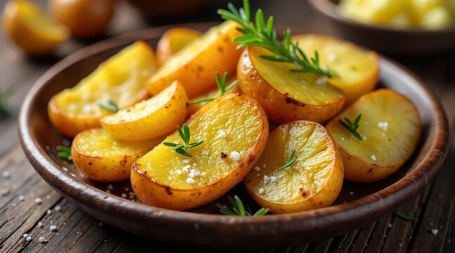 Golden Roasted Potato Wedges Seasoned with Herbs and Salt on Rustic Wooden Table