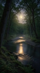 Obraz premium Bright orb illuminates winding stream flowing through dense, shadowed woodland at night