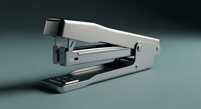 The silver metal stapler sits on a green surface in a dark room.