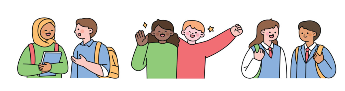 Two students of different races are greeting each other warmly. Cute character with a round face. Upper body illustration.