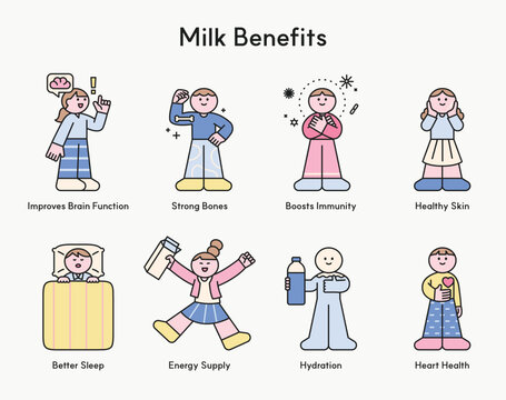 People are sharing the benefits of milk one by one. Cute character with a round face, featuring a design and geometric shape.