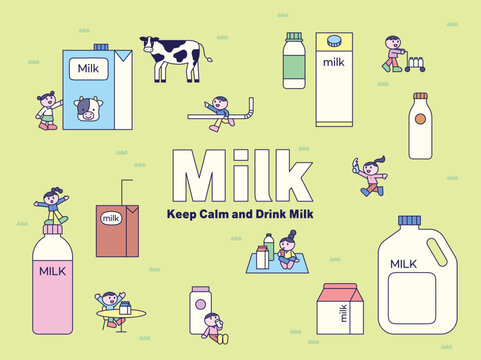 There are various types of milk products in a pasture background, and people are happily drinking milk around them. Cute character with a round face, featuring a design and geometric shape.