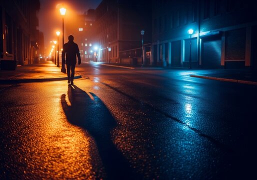 A solitary shadow stretches along a dark, empty city lane illuminated by hazy streetlamps, evoking a mood of deep isolation and melancholy, moody, cinematic, architecture