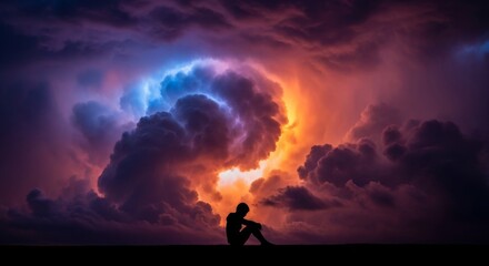 Fototapeta premium A solitary silhouette sits amidst dense, swirling dark storm clouds, representing a state of heavy emotion and deep mental isolation, nebulous, peaceful, rainy