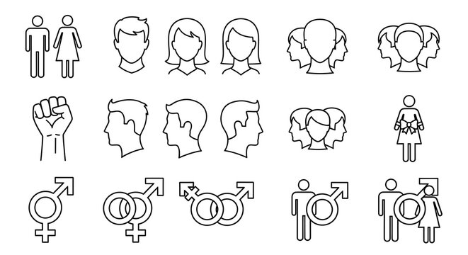 Hand drawn people and gender symbols icons set with male, female, group, and fist for social diversity and equality, social issues