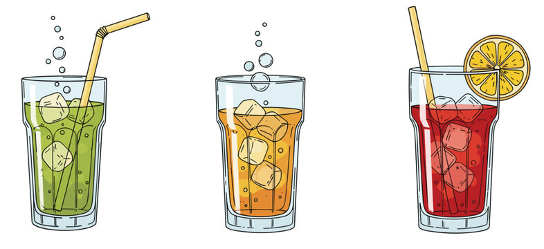 Illustration of a refreshing glass of green drink with ice cubes on a white background, perfect for marketing and advertising materials.