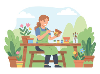 Fototapeta premium Woman Painting a Flower Pot Outdoors.