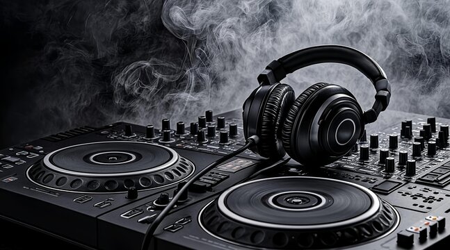 DJ headphones and turntable setup with atmospheric smoke
