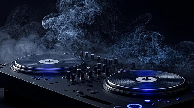 DJ equipment with blue lights and smoke