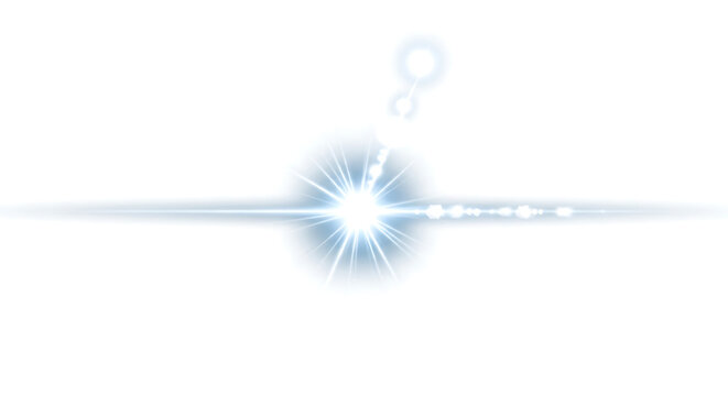 Bright blue lens flare effect with bokeh circles and light streaks on white background, abstract starburst glow, light streak