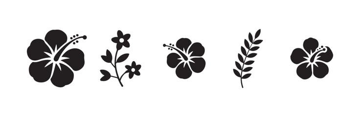Hibiscus blossom and floral branch silhouettes vector set for elegant summer design projects © MdJahid