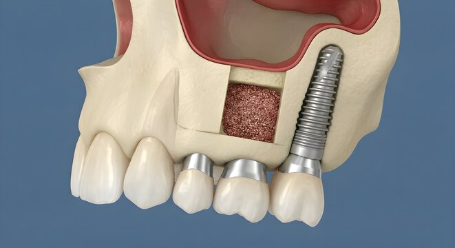 上顎洞挙上術と骨移植を伴う歯科インプラント埋入の3D医療イラスト