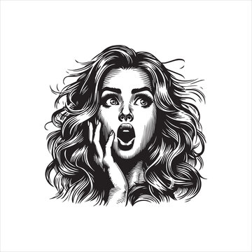 A black and white illustration of a shocked woman with her hand on her cheek, showcasing a vector design logo on a plain background with a sense of surprise and astonishment.